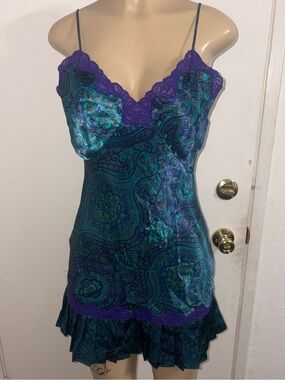 Victoria's Secret Teal Paisley Satin Chemise with Purple Lace Trim
